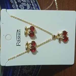 Gold and Red Cherry Jewelry Set
